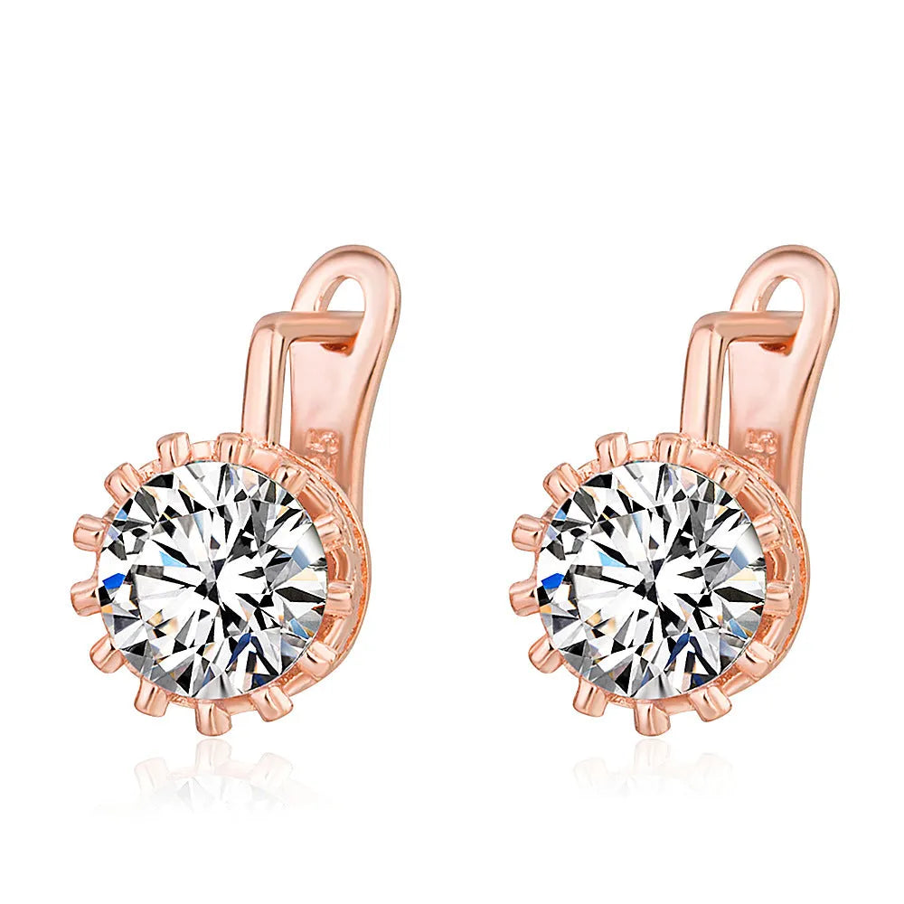 Korean retro style crown-shaped clip-on earrings with white diamonds, in rose gold and white gold colour options.