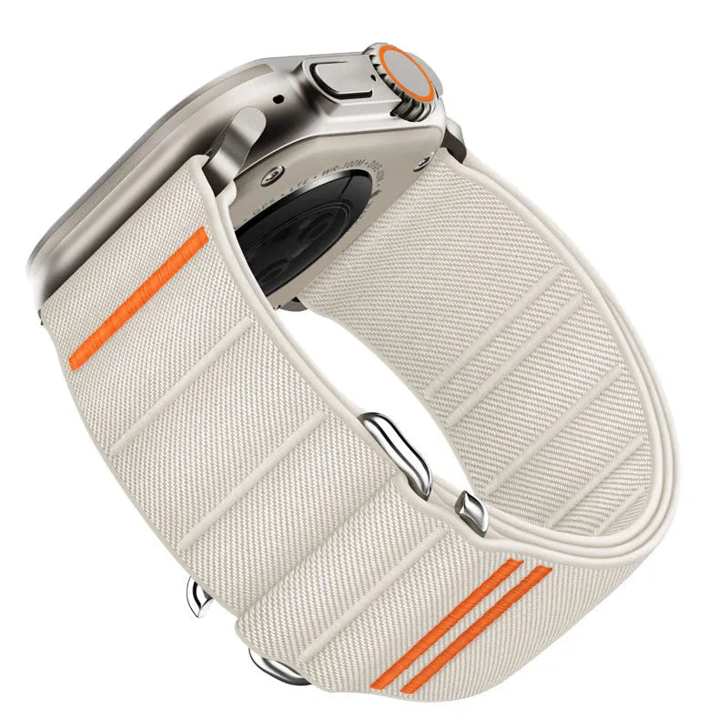 Elastic nylon Apple Watch replacement band with stainless steel buckle shown in multiple colour options.