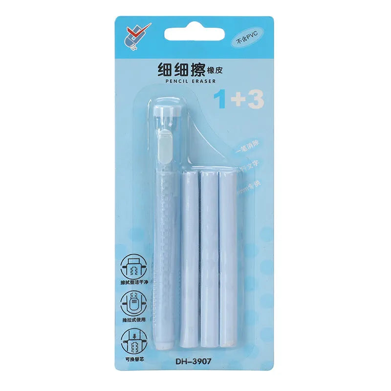 Children's automatic push eraser in four colour options showing compact 12x8cm size