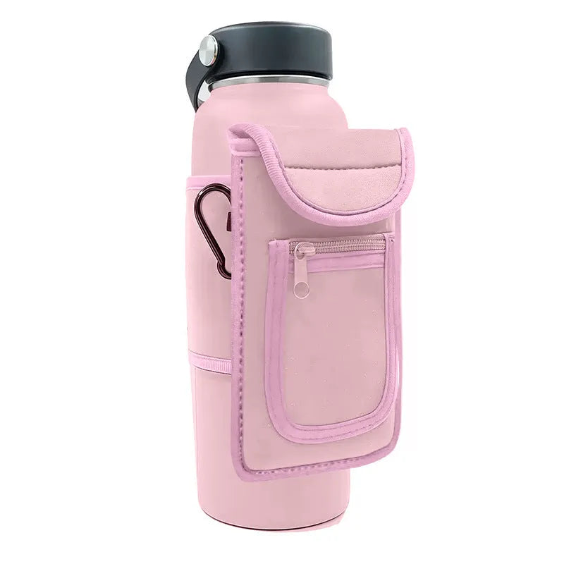 Fitness magnetic cup sleeve covering large sports water bottle with carabiner clip attachment