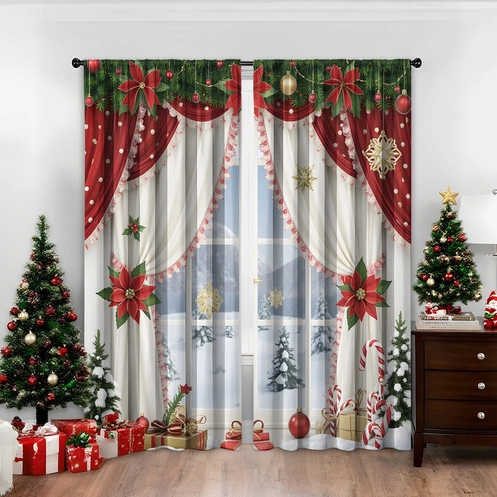 A pair of 3D digitally printed Christmas-themed curtains made from polyester fabric.