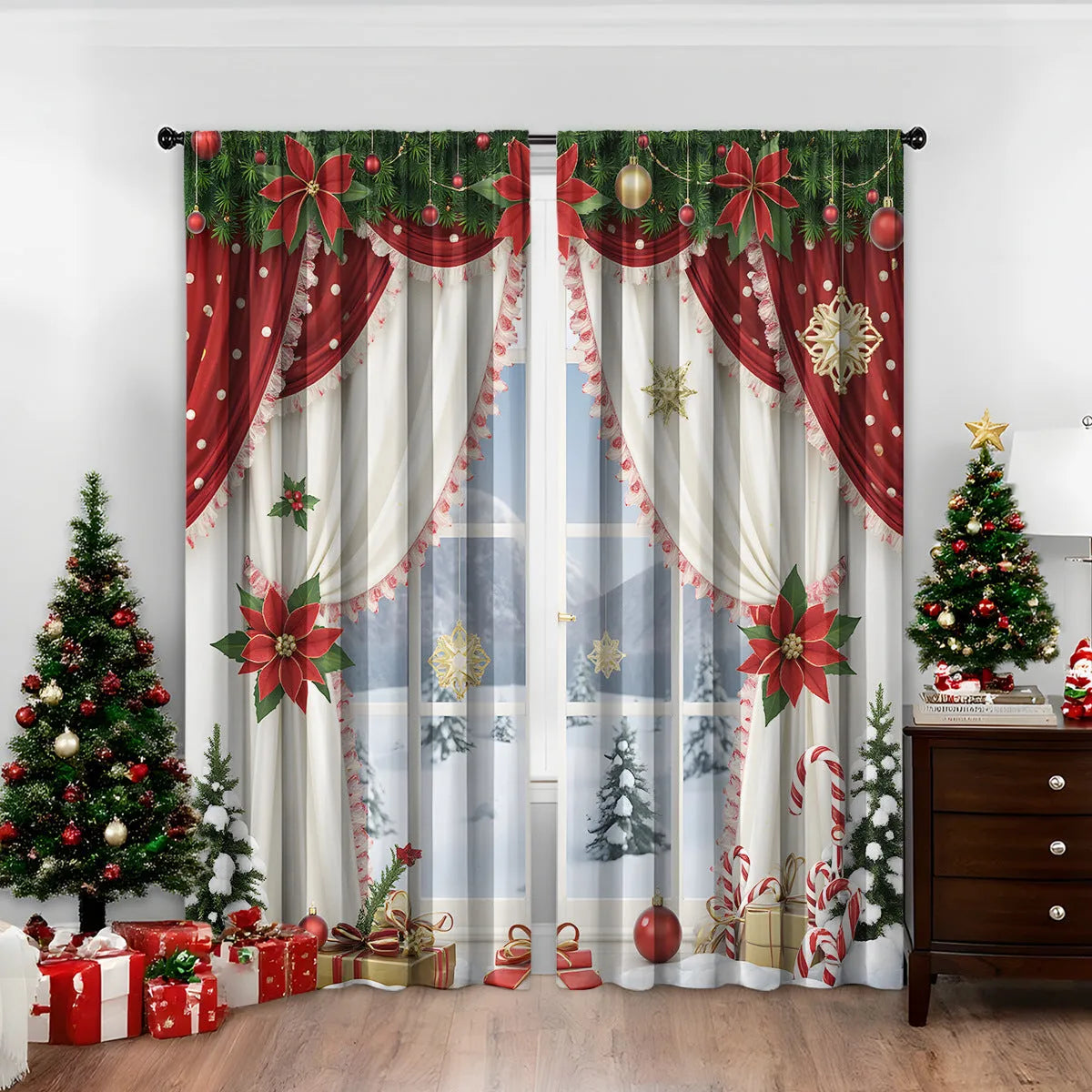 A pair of 3D digitally printed Christmas-themed curtains made from polyester fabric.