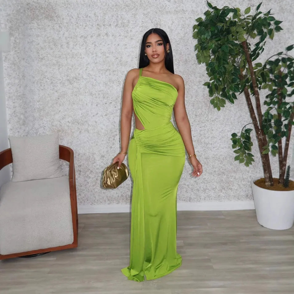 Women's one shoulder pleated dress in milk silk polyester fabric, available in green, orange and white colours