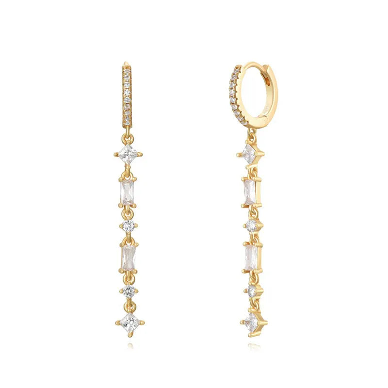 Sterling silver needle geometric U-shaped ear clip with micro-inlaid colourful zircon stones and tassel design.