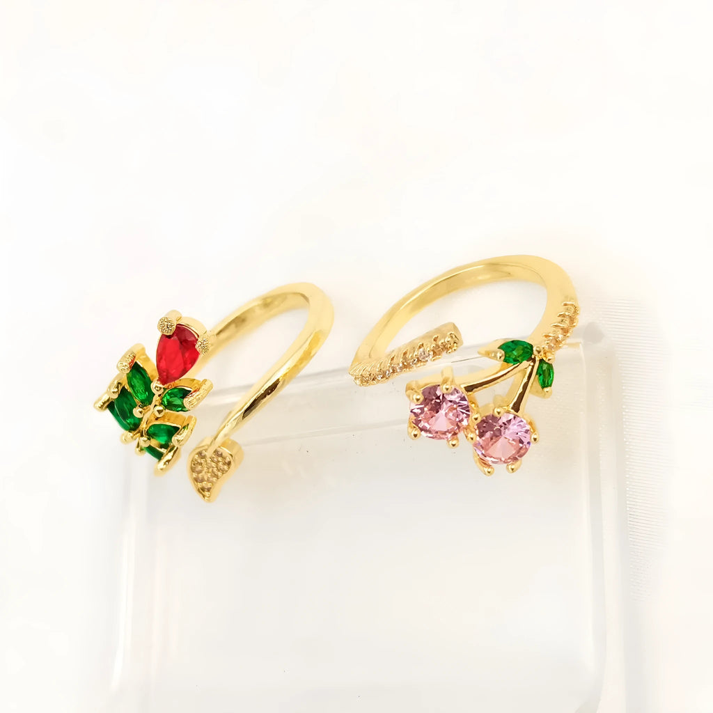 Copper geometric open ring with gold-plated zircon leaf design for women