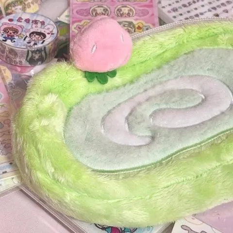 Honeydew Roll plush velvet pencil case with Swiss roll cake design for stationery storage