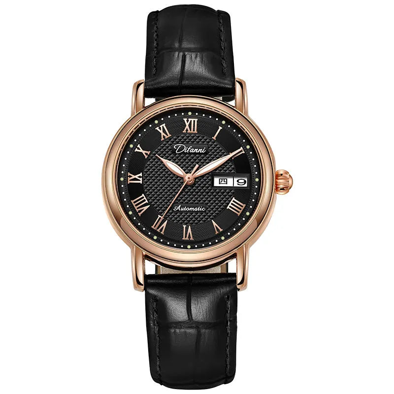 Women's automatic mechanical fashion watch with 12mm thickness showing steel bracelet and leather strap options