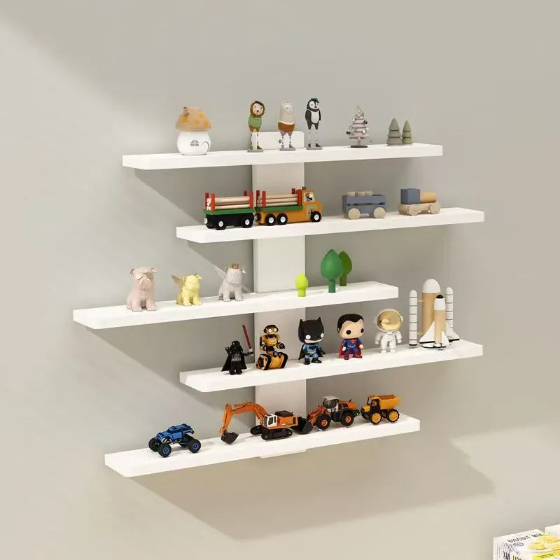 Five-tier white wall-mounted PVC storage rack displaying various dolls and blind box toys.