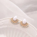 Silver retro fan-shaped earrings with rhinestone and opal geometric design