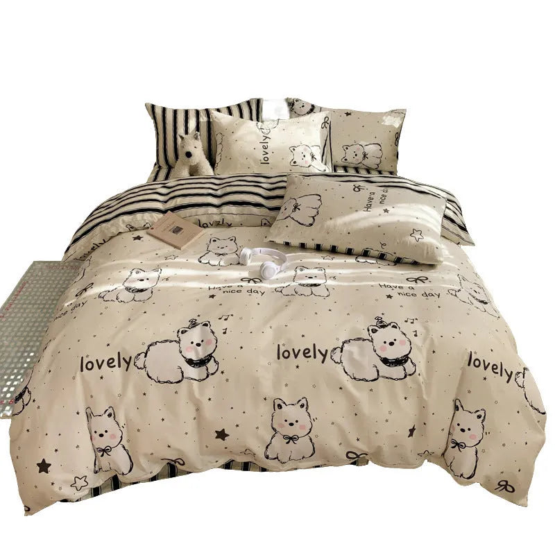 Cotton cartoon dog bedding four-piece set with reactive printed patterns for multiple bed sizes