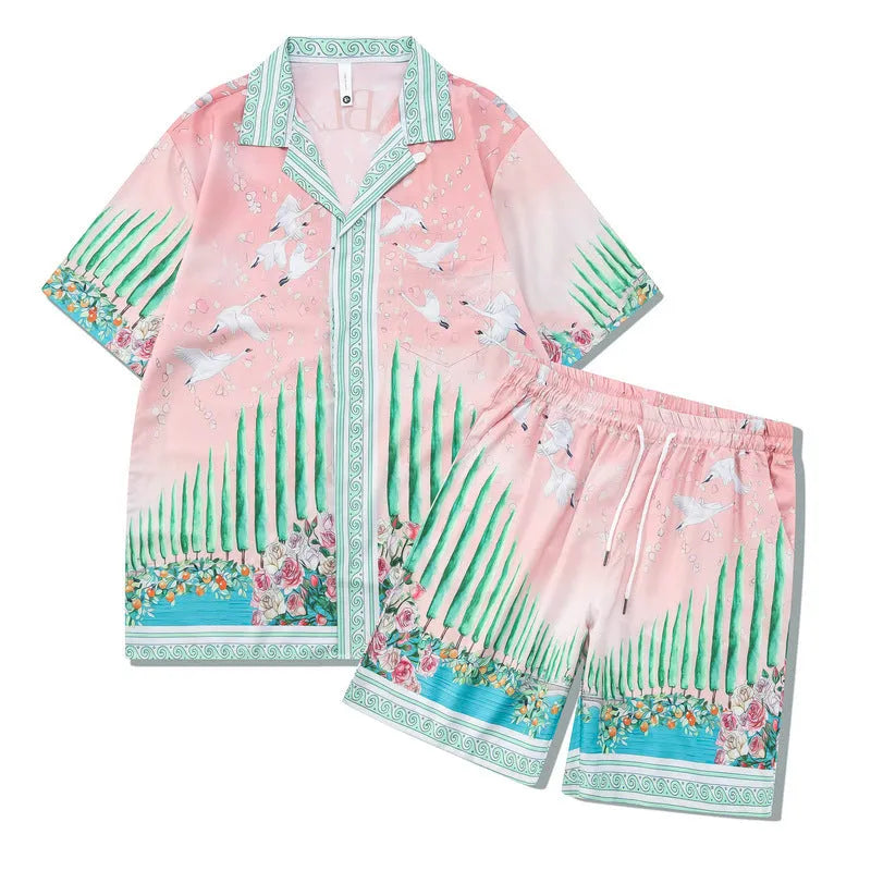 Plaid print short-sleeve shirt and trouser beach outfit set on a mannequin