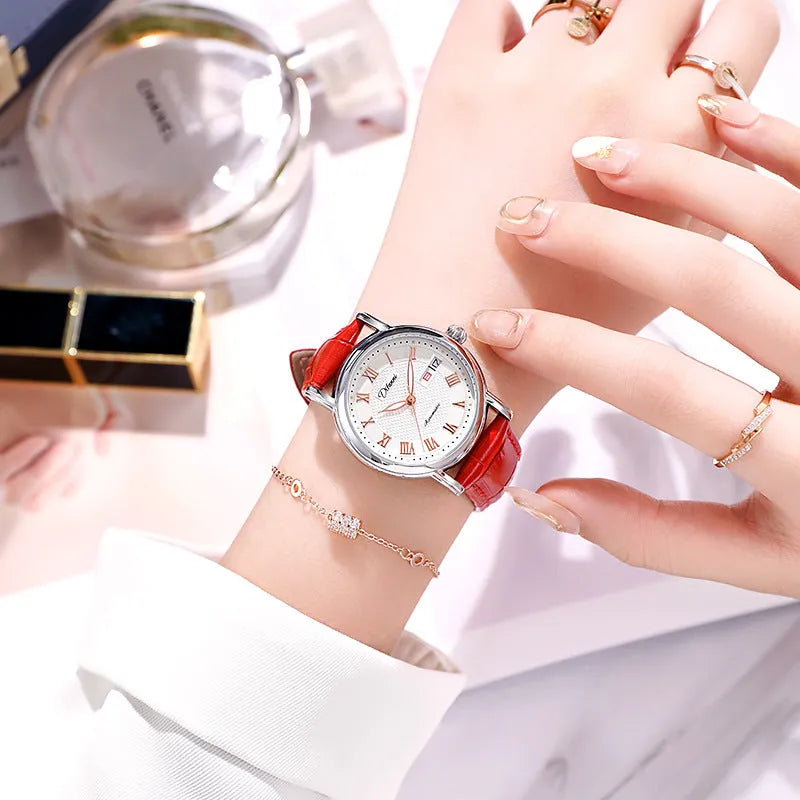 Women's automatic mechanical fashion watch with 12mm thickness showing steel bracelet and leather strap options
