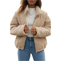 Women's apricot corduroy wadded jacket with stand collar and front zipper