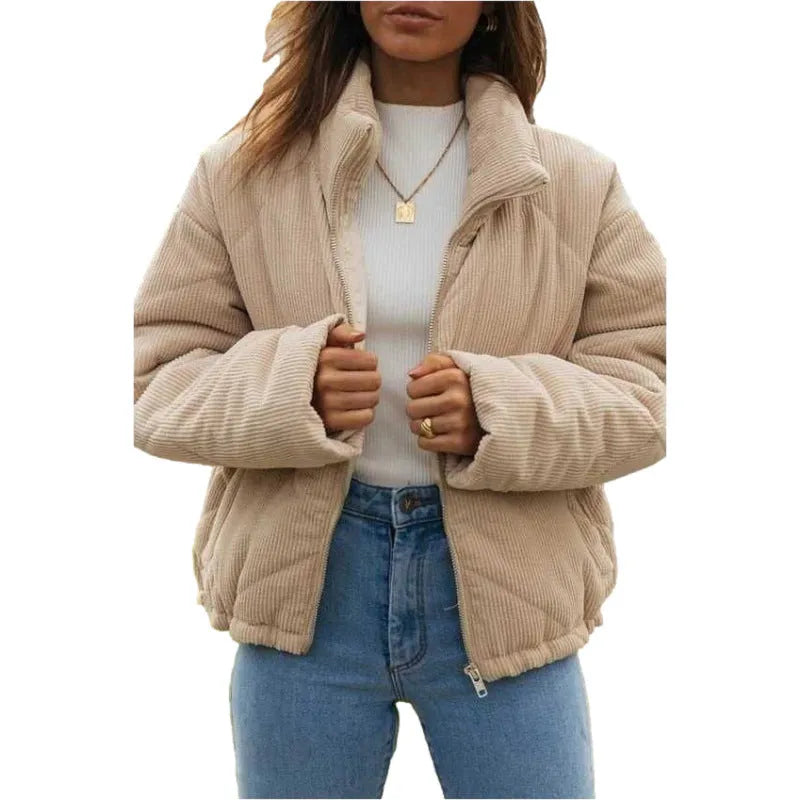 Women's apricot corduroy wadded jacket with stand collar and front zipper