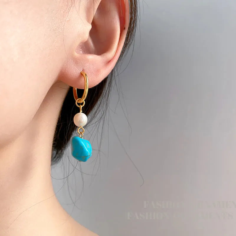 Geometric copper ear clips with irregular turquoise stones and cultured pearls in two length styles