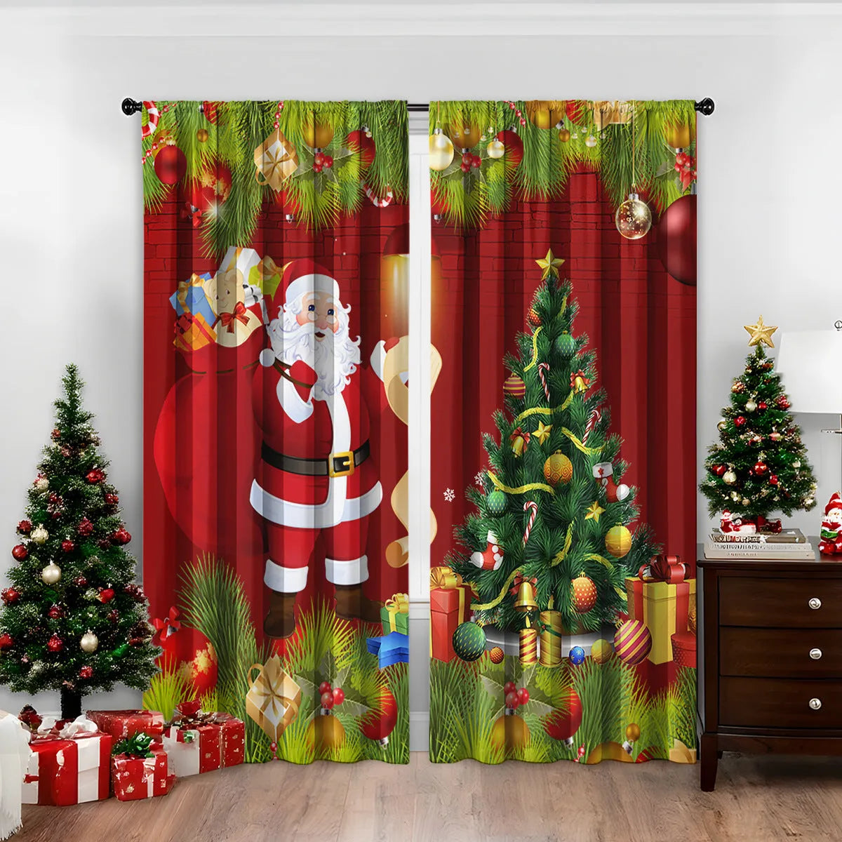 A pair of 3D digitally printed Christmas curtains with a modern festive pattern, hung on a window.