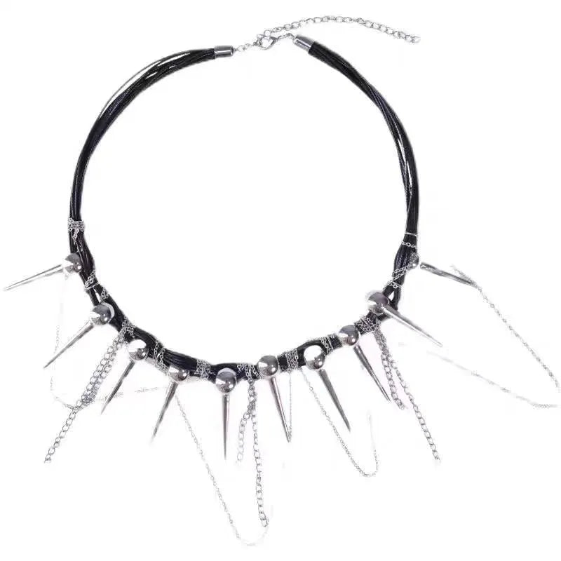Leather necklace with winding tassel, round beads and point rivet details in electroplated picture colour