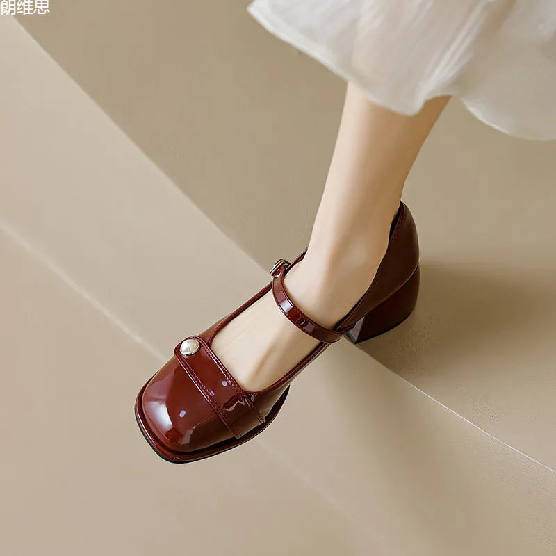 French style women's ankle boots with chunky block heels and patent leather upper in three colour options
