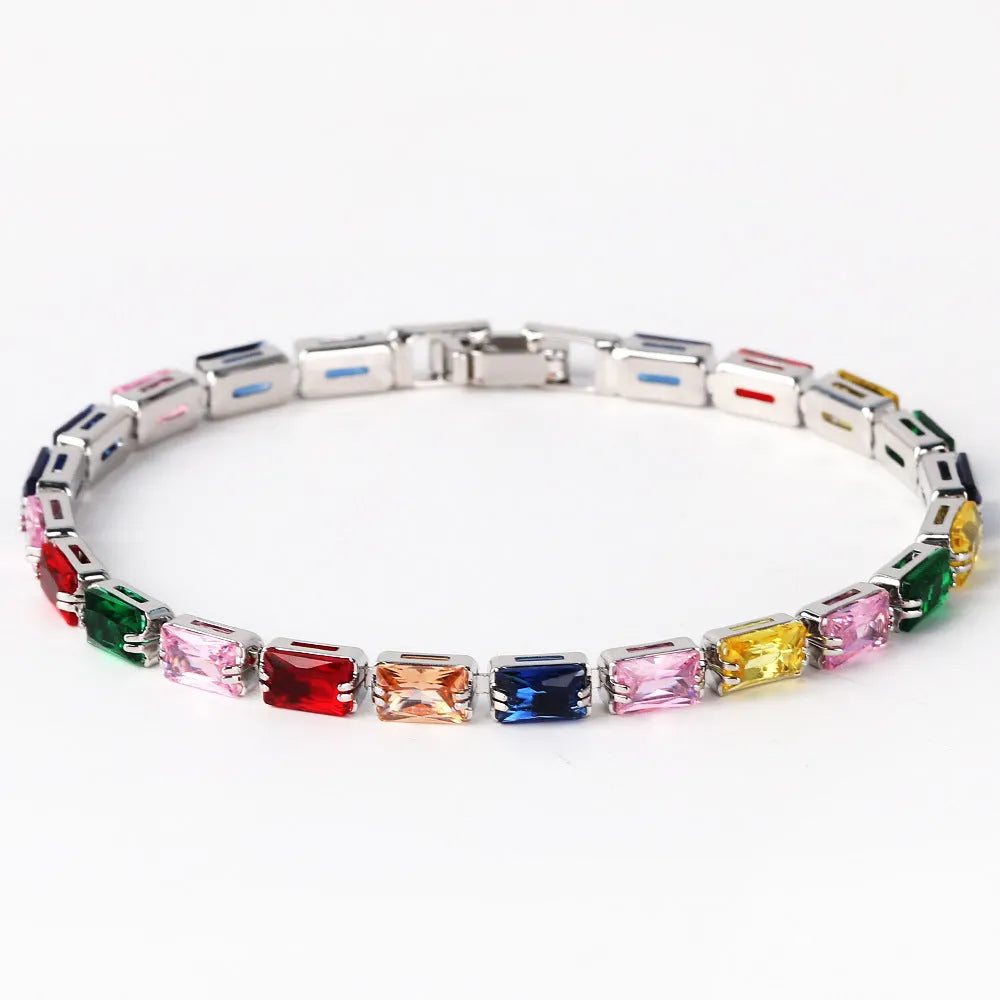 Women's fashion bracelet with electroplated zircon finish in a choice of colours and gold or platinum tones.