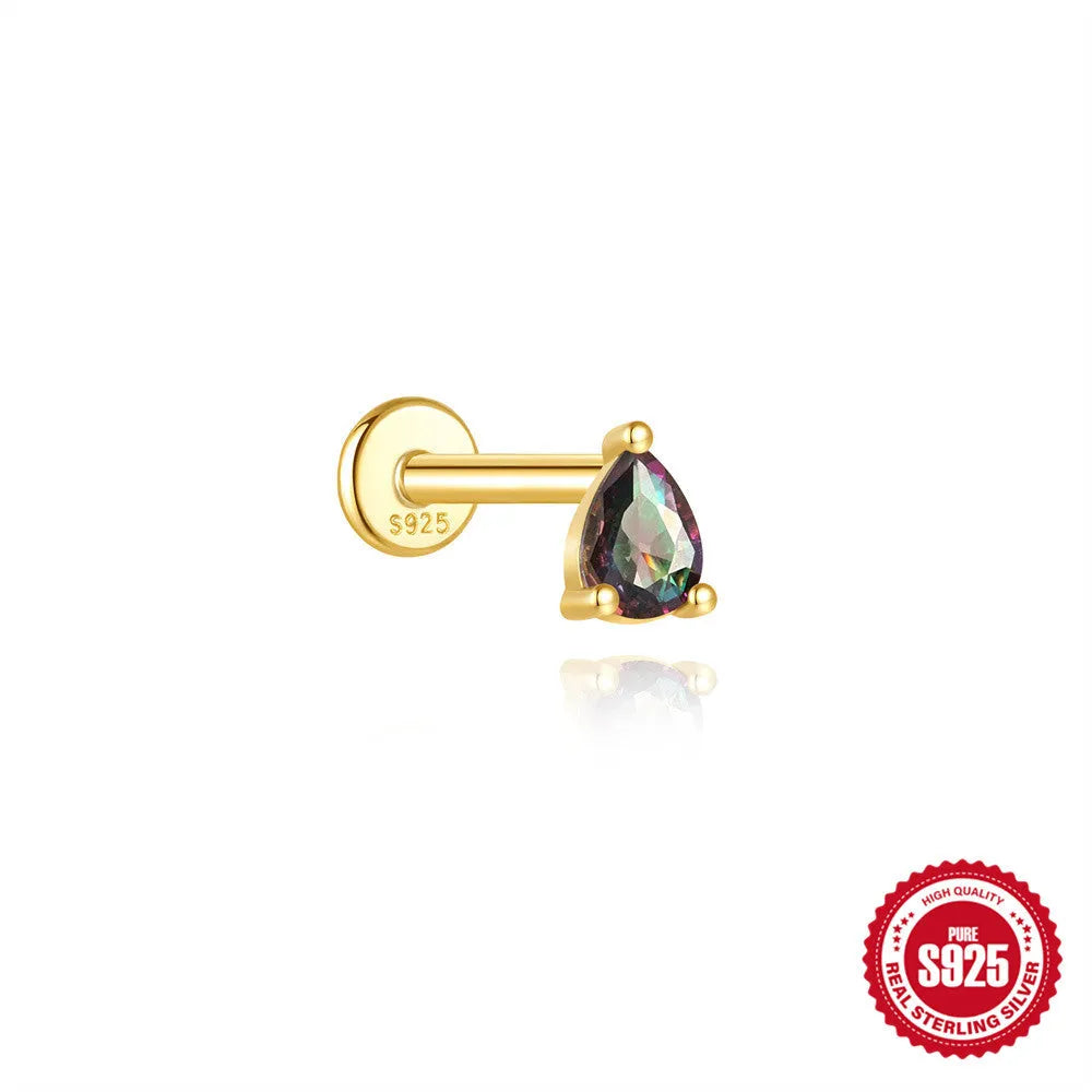 S925 sterling silver flat head thread piercing earring with a rainbow stone in a geometric shape.