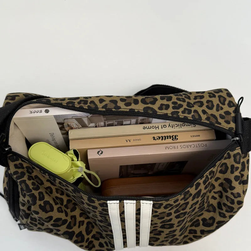 Leopard print shoulder messenger bag with stripe option and visible stitching details