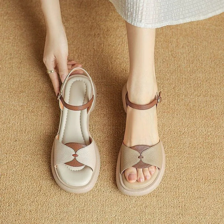 Women's chunky heel platform sandals with open toe in khaki or milky white colours