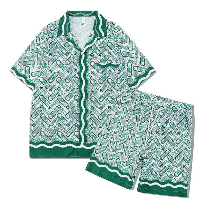 Plaid print short-sleeve shirt and trouser beach outfit set on a mannequin