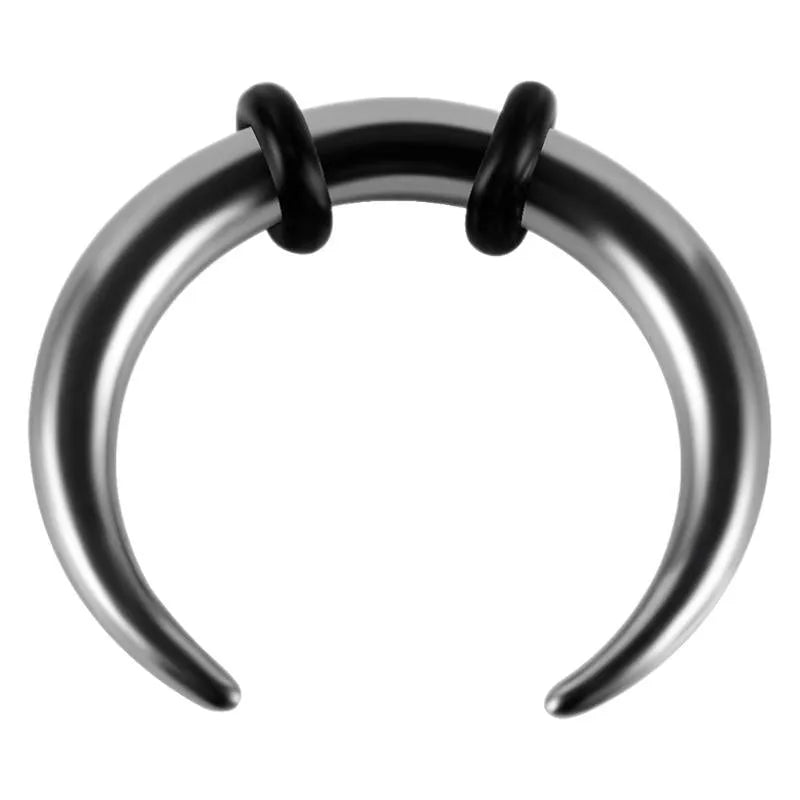 C-shaped nose ring in 316 stainless steel with a buffalo horn detail, shown in black and steel colour finishes.