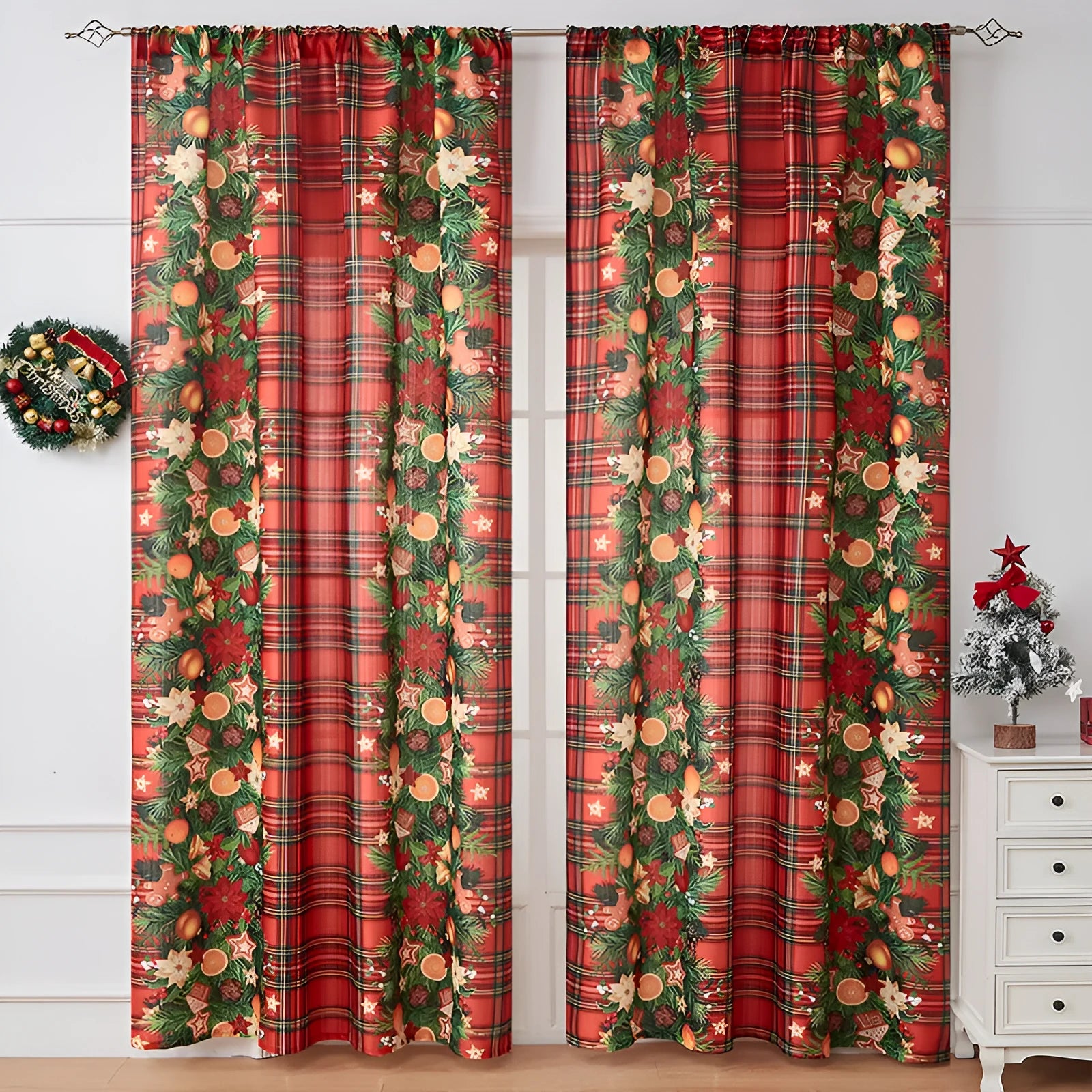 American-style rectangular Christmas printed polyester curtain showing red plaid design with semi-sunshade function