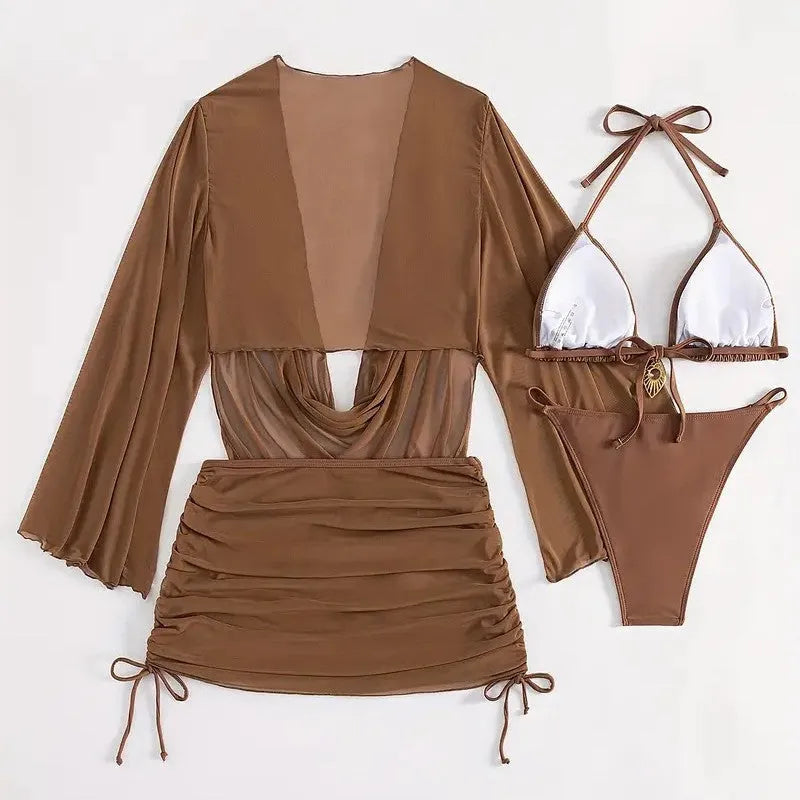 Women's lace-up backless swimsuit bikini in dark brown or black nylon spandex fabric