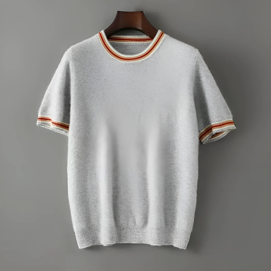 Men's grey pure wool short sleeve pullover sweater with round neck on a hanger.