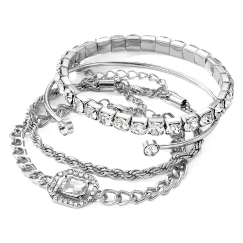 Retro geometric alloy bracelet four-piece set with square diamond pendant and metal chain