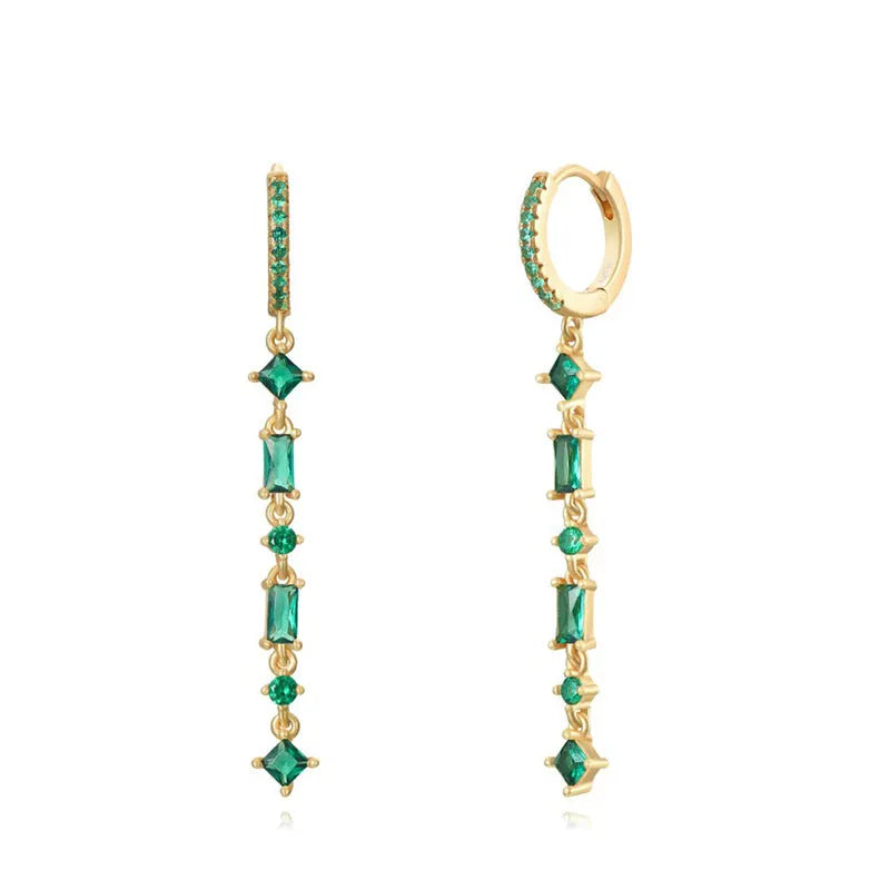Sterling silver needle geometric U-shaped ear clip with micro-inlaid colourful zircon stones and tassel design.