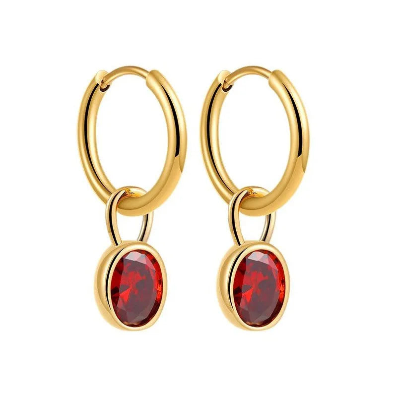Women's retro-style oval zircon earrings in copper, showing multiple colour options.