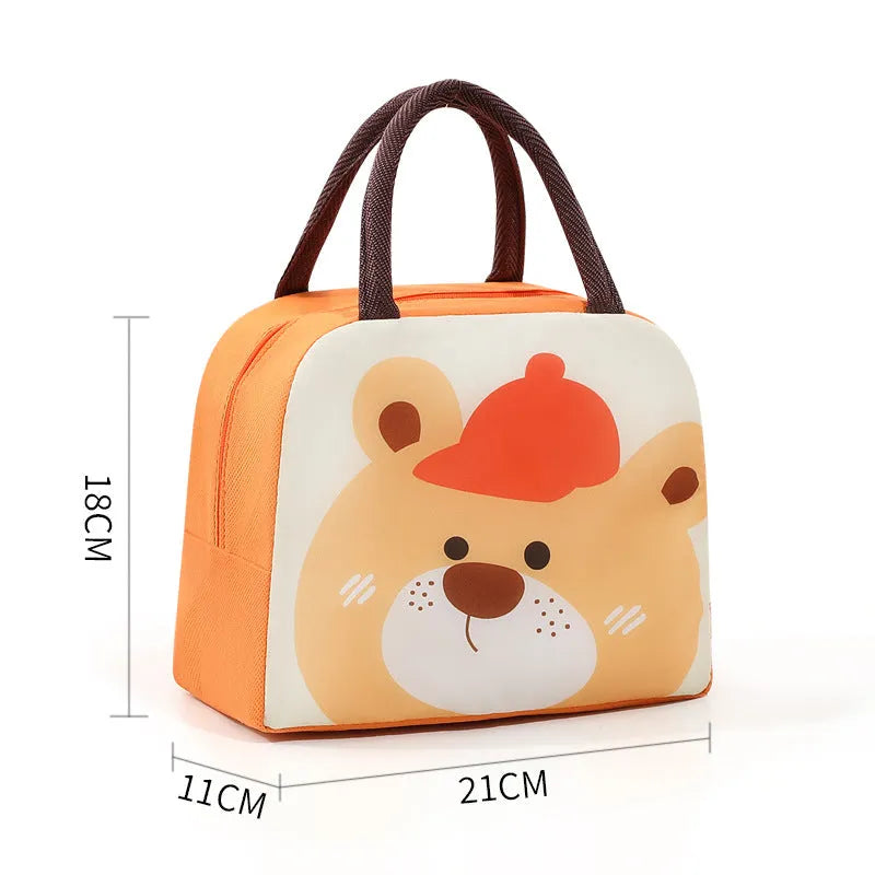 Orange cartoon bear insulated lunch box bag for children with aluminium foil insulation.