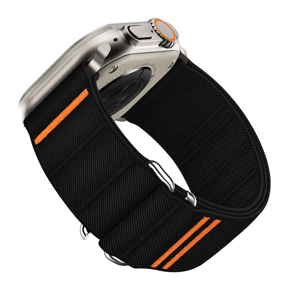 Elastic nylon Apple Watch replacement band with stainless steel buckle shown in multiple colour options.