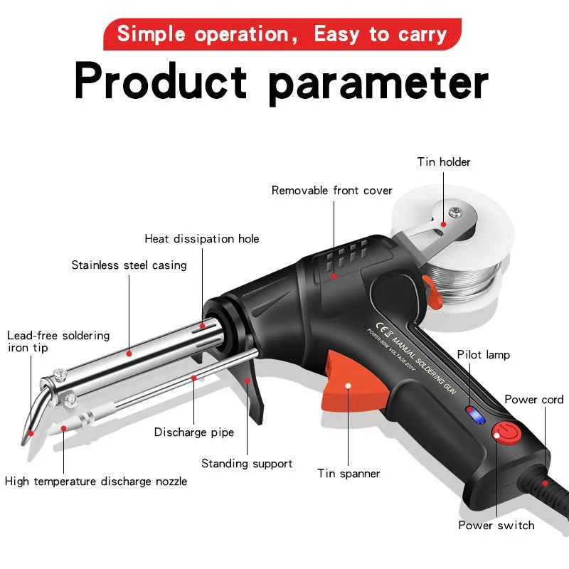 Black soldering gun kit with LED light, alloy construction, medium standard size