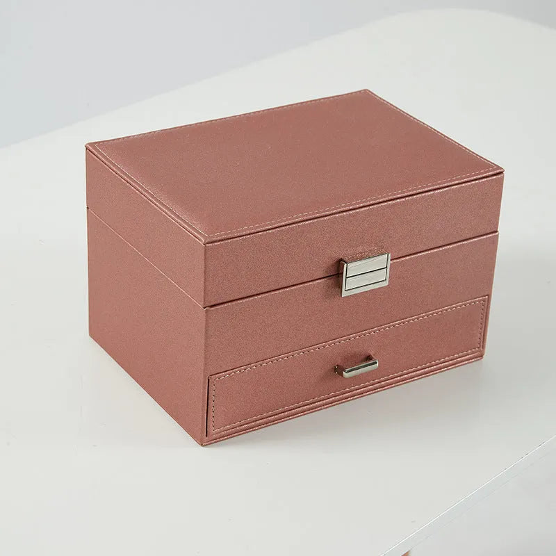 PU leather jewellery storage box in black, pink, rose gold, or beige with hard construction