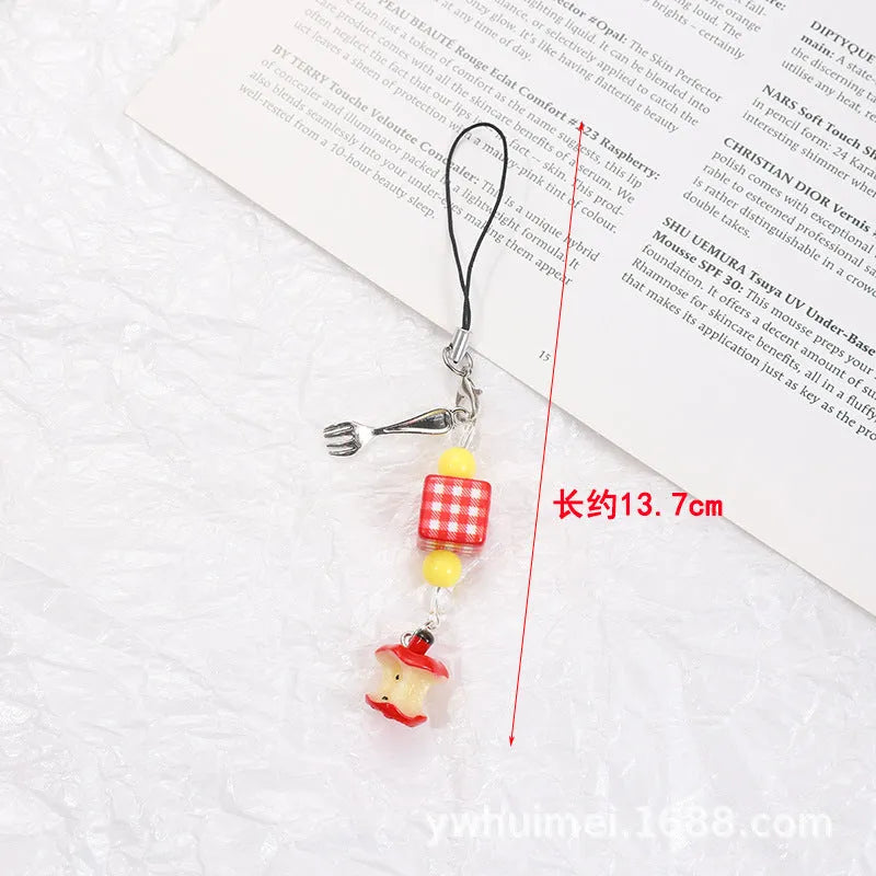 Plastic resin mobile phone charm keychain with fruit patterns including apple and strawberry designs