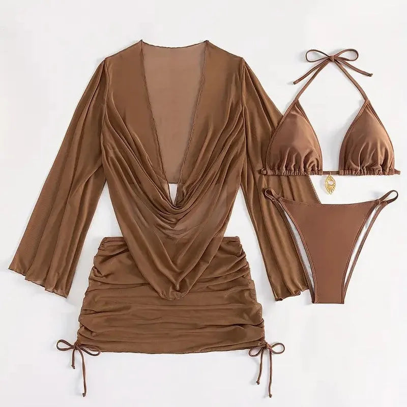 Women's lace-up backless swimsuit bikini in dark brown or black nylon spandex fabric