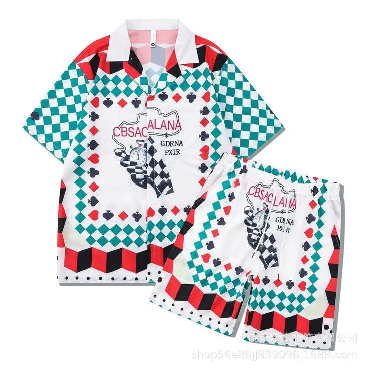 Plaid print short-sleeve shirt and trouser beach outfit set on a mannequin