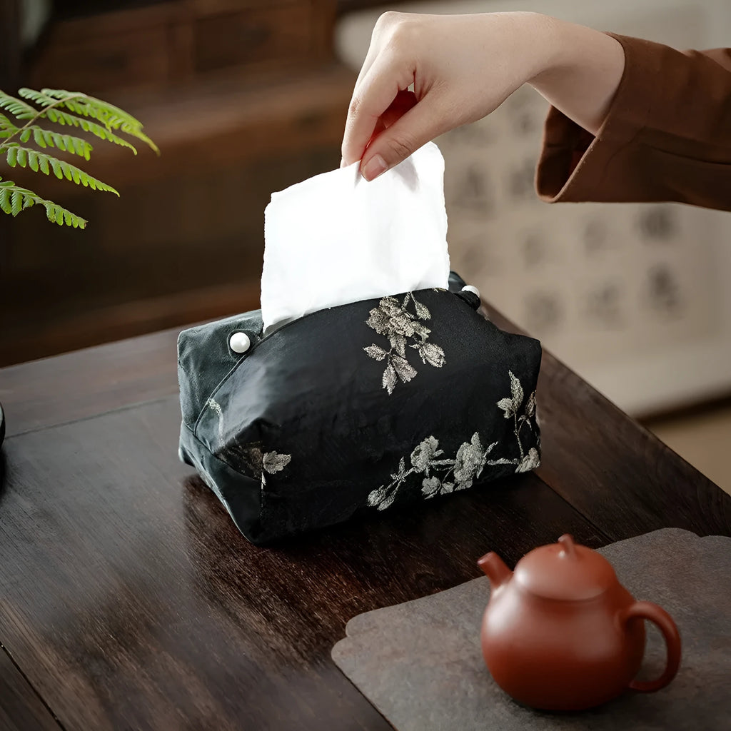 New Chinese style brocade fabric tissue box with white plum embroidery pattern