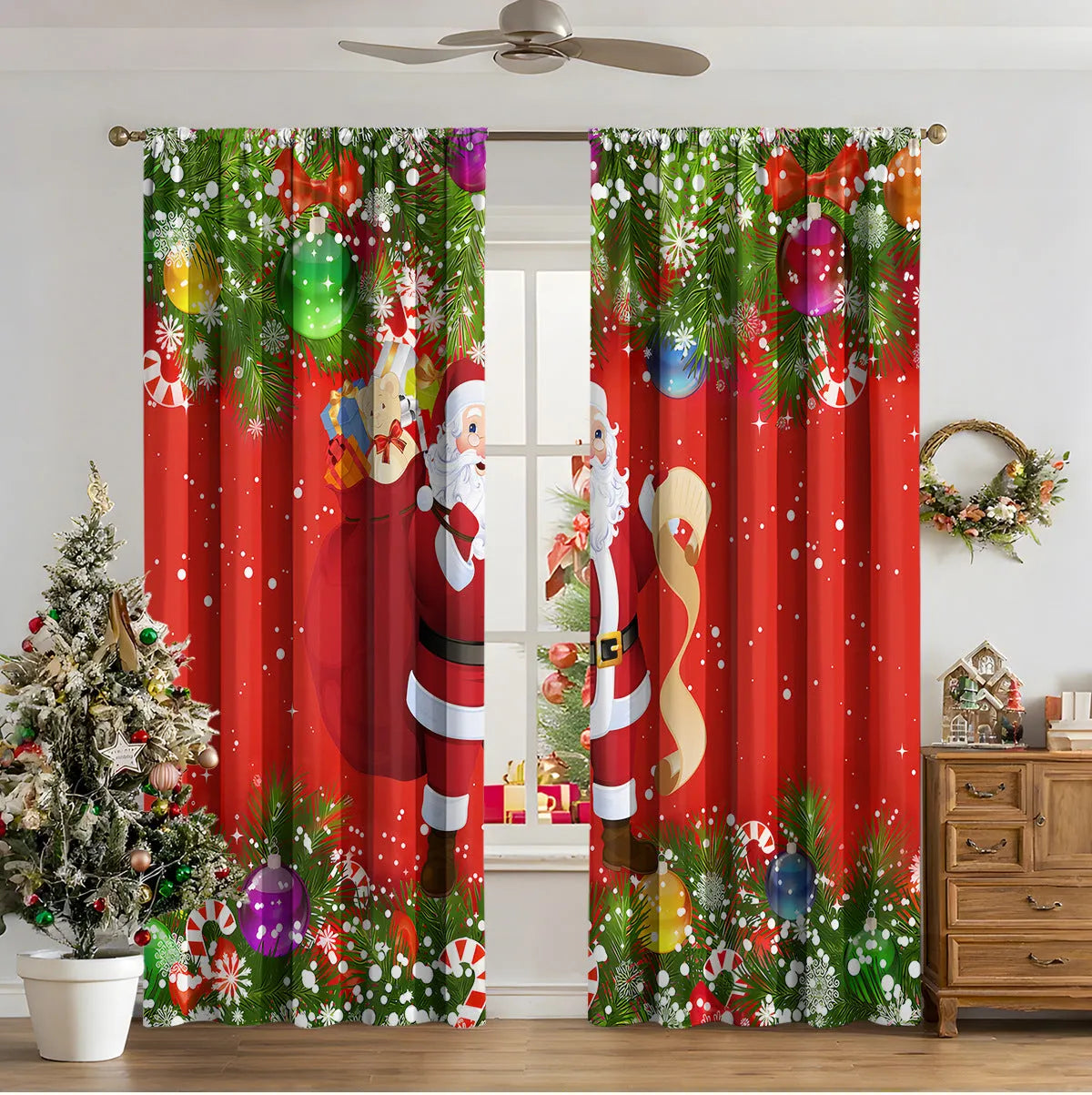 A pair of 3D digitally printed Christmas curtains with a modern festive pattern, hung on a window.