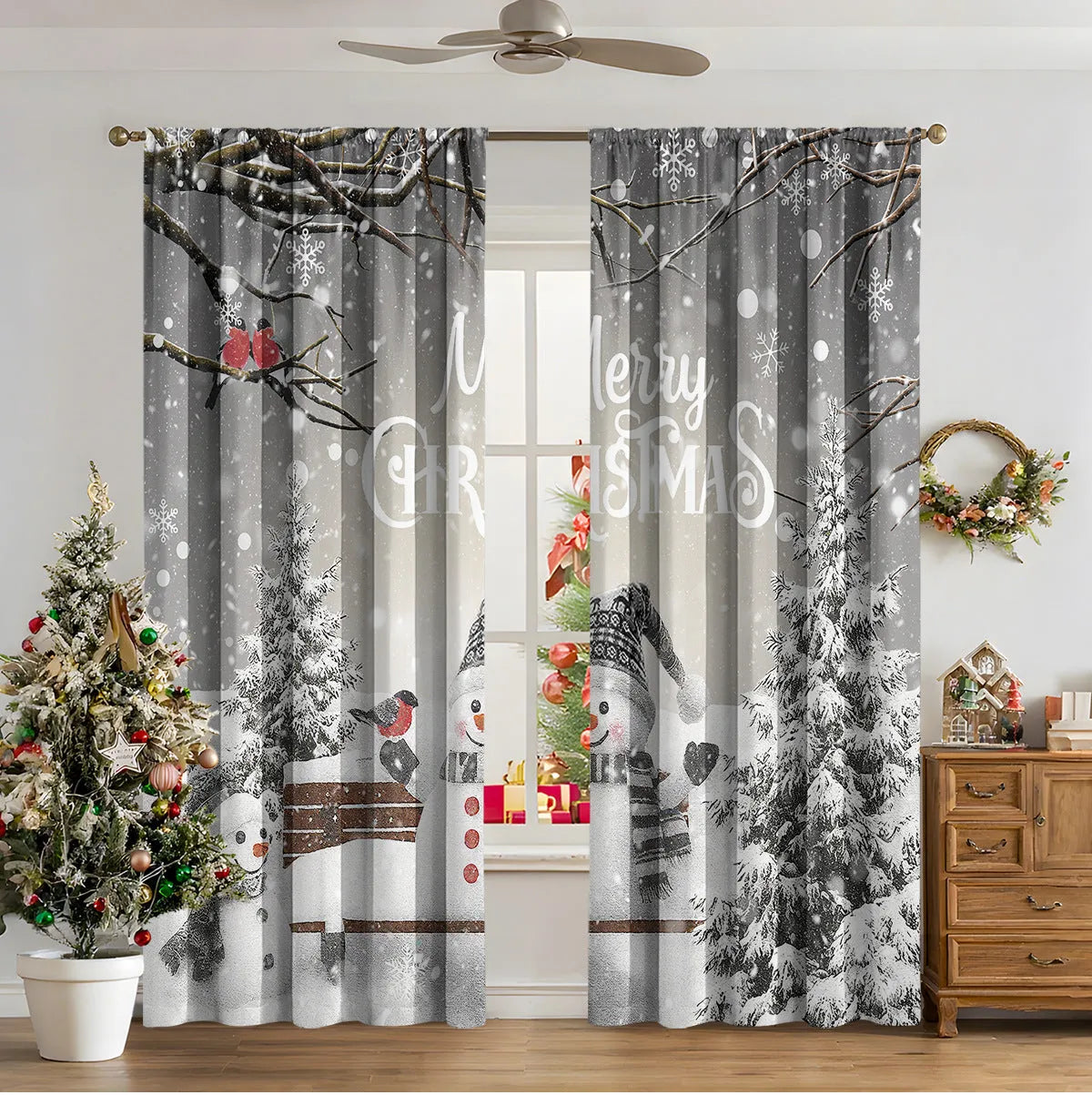 A pair of 3D digitally printed Christmas curtains with a modern festive pattern, hung on a window.