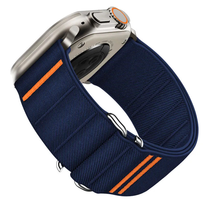 Elastic nylon Apple Watch replacement band with stainless steel buckle shown in multiple colour options.