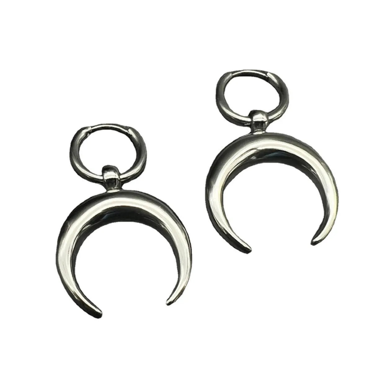 Silver geometric big hoop clip-on earrings with moon design in gothic punk style