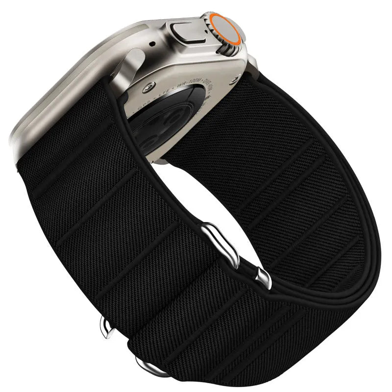 Elastic nylon Apple Watch replacement band with stainless steel buckle shown in multiple colour options.