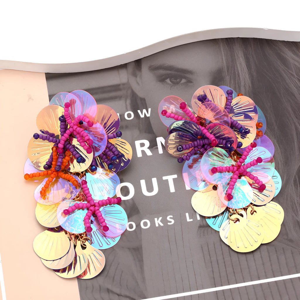 Handmade string bead flower earrings with exaggerated dopamine design in European and American style