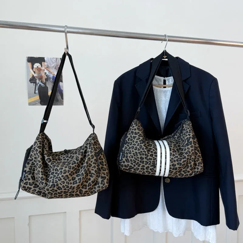 Leopard print shoulder messenger bag with stripe option and visible stitching details