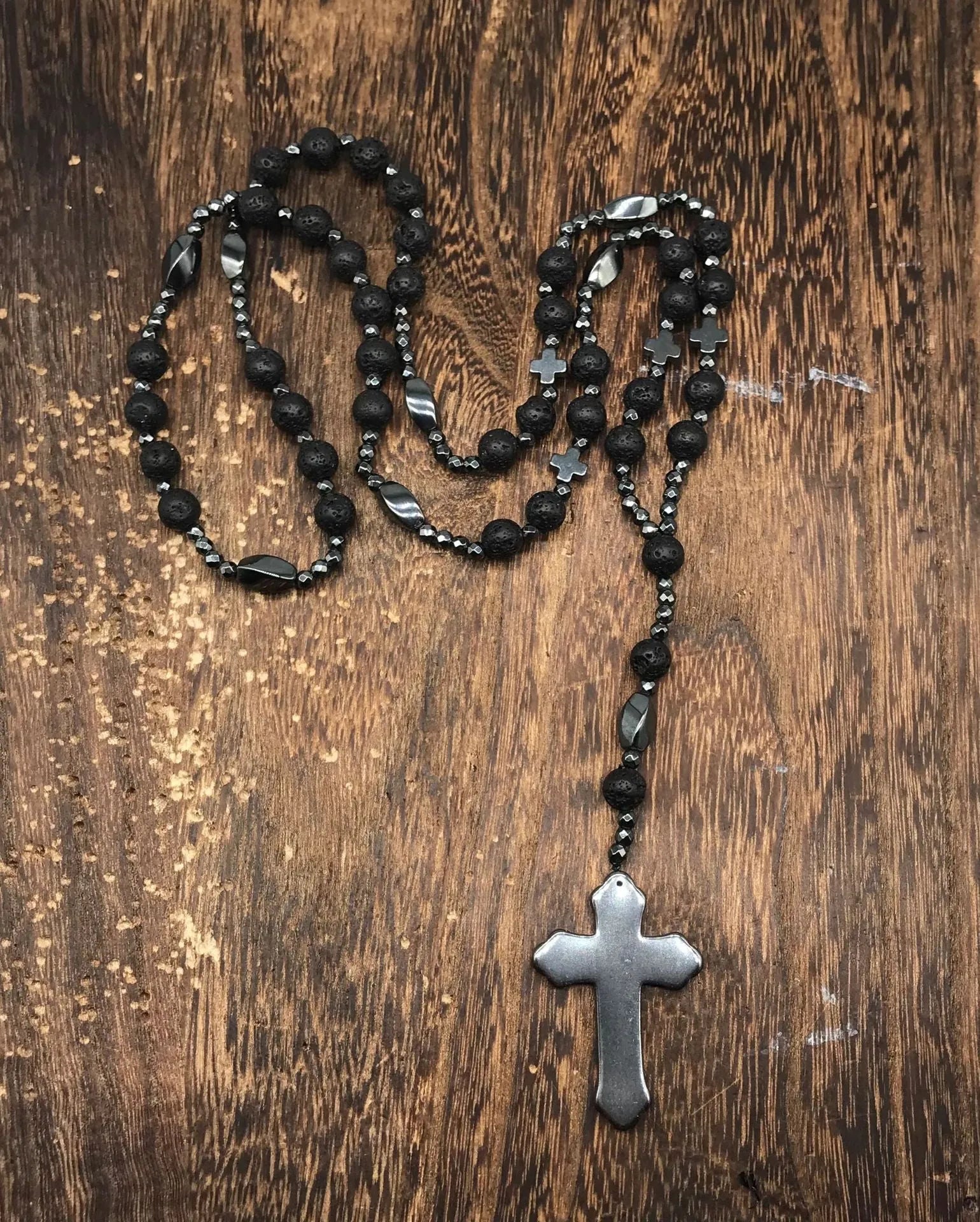 Men's stone cross pendant necklace on an 80cm ball bead chain with a safety lock.